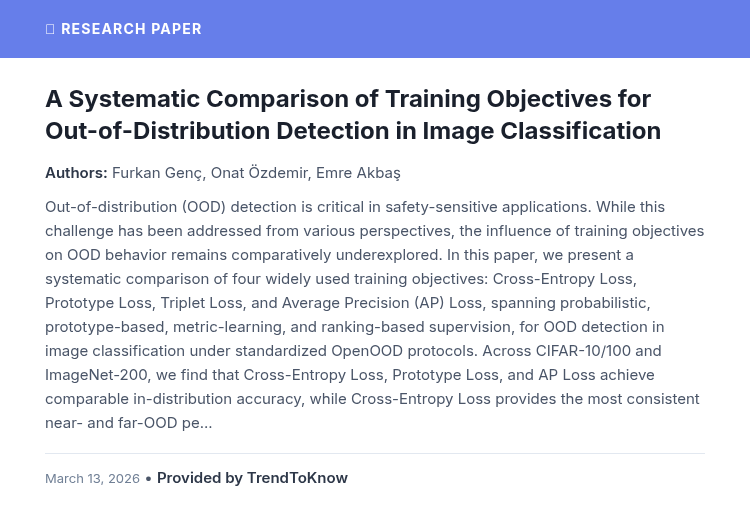 aitrendings's tweet photo. TrendToKnow AI: A Systematic Comparison of Training Objectives for Out-of-Distribution Detection in Image Classification

👥 Furkan Genç, Onat Özdemir &amp; Emre Akbaş

#OutOfDistribution #ImageClassification #AIResearch

Provided by TrendToKnow AI
🔗 https://t.co/LKJEWWPS4X https://t.co/j0kDmiGLhY
