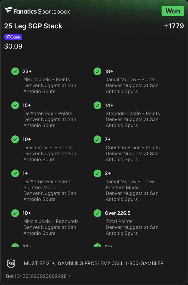 Light_Snaxx's tweet photo. Finally went 25/25 Parley ⁦@FanaticsBook⁩ 🍾🎆💰 https://t.co/oToiTHV4E8 https://t.co/6ItiSQgd5l