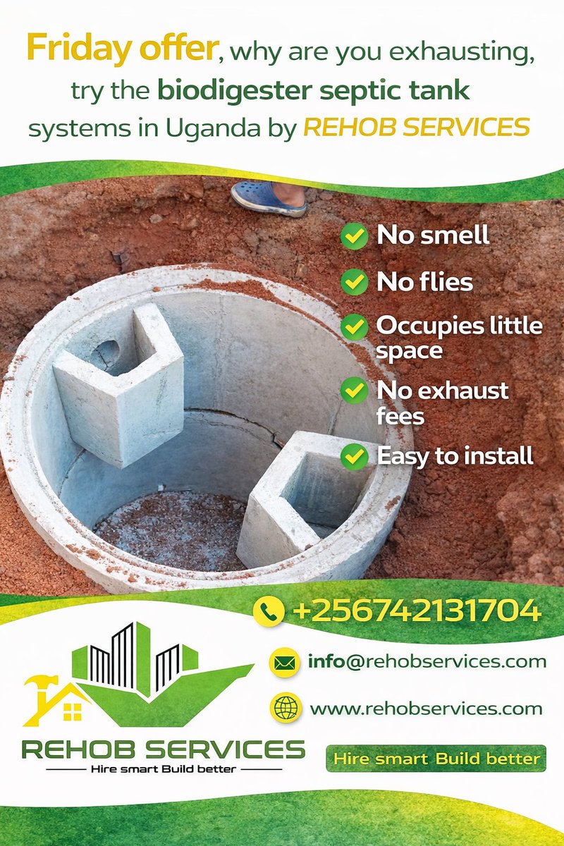 EvansNasasi's tweet photo. @wekesa_amos @_GL_Collection Biodigester septic tank systems in Uganda by https://t.co/rGQOh9EXyx
Hire smart Build better with Rehob Services
Friday offers #freeestimates #rehobservices https://t.co/4CfJLqNhli