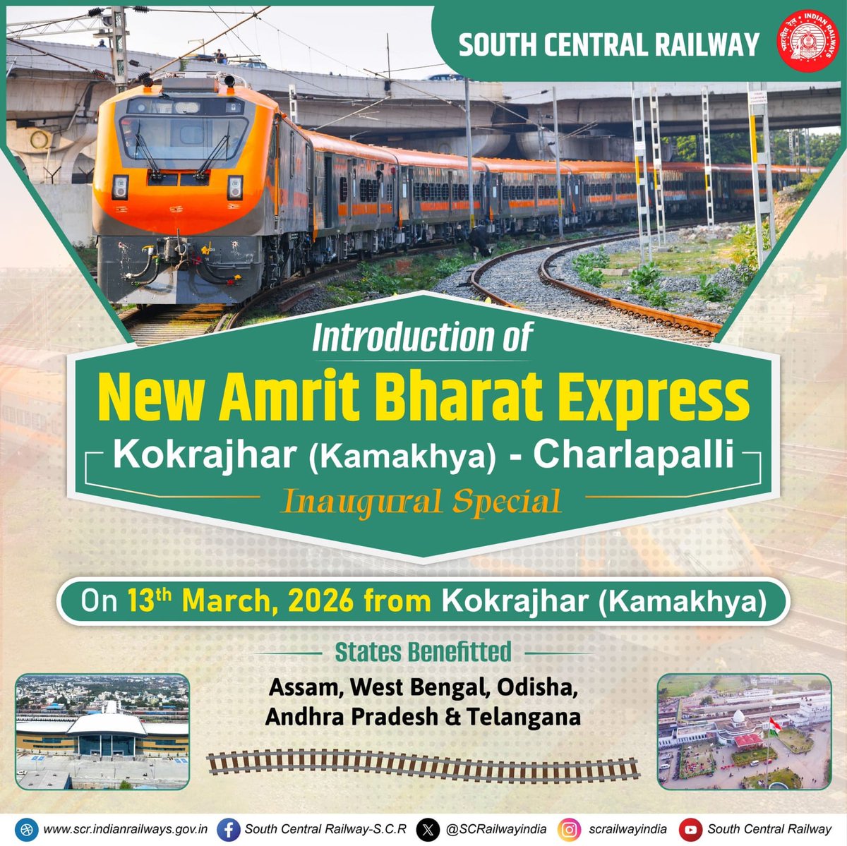 kishanreddybjp's tweet photo. A new milestone in rail connectivity for Telangana!

The Amrit Bharat Express connecting Kokrajhar (Kamakhya) – Charlapalli will begin its inaugural journey on 13 March 2026, enhancing connectivity across Assam, West Bengal, Odisha, Andhra Pradesh & Telangana.

The train will be flagged off by Hon’ble Prime Minister Shri @narendramodi today.

#AmritBharatExpress

@SCRailwayIndia @RailMinIndia