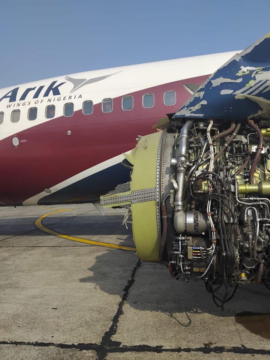 olahigher's tweet photo. Few weeks ago, an Arik Air flight from Lagos to Port Harcourt was forced to divert after a loud bang from the engine. Check out the damage. Full investigation underway. Everyone on board is safe, thankfully! #ArikAir #AviationSafety #Nigeria #NSIB https://t.co/3eVaEdSAU8
