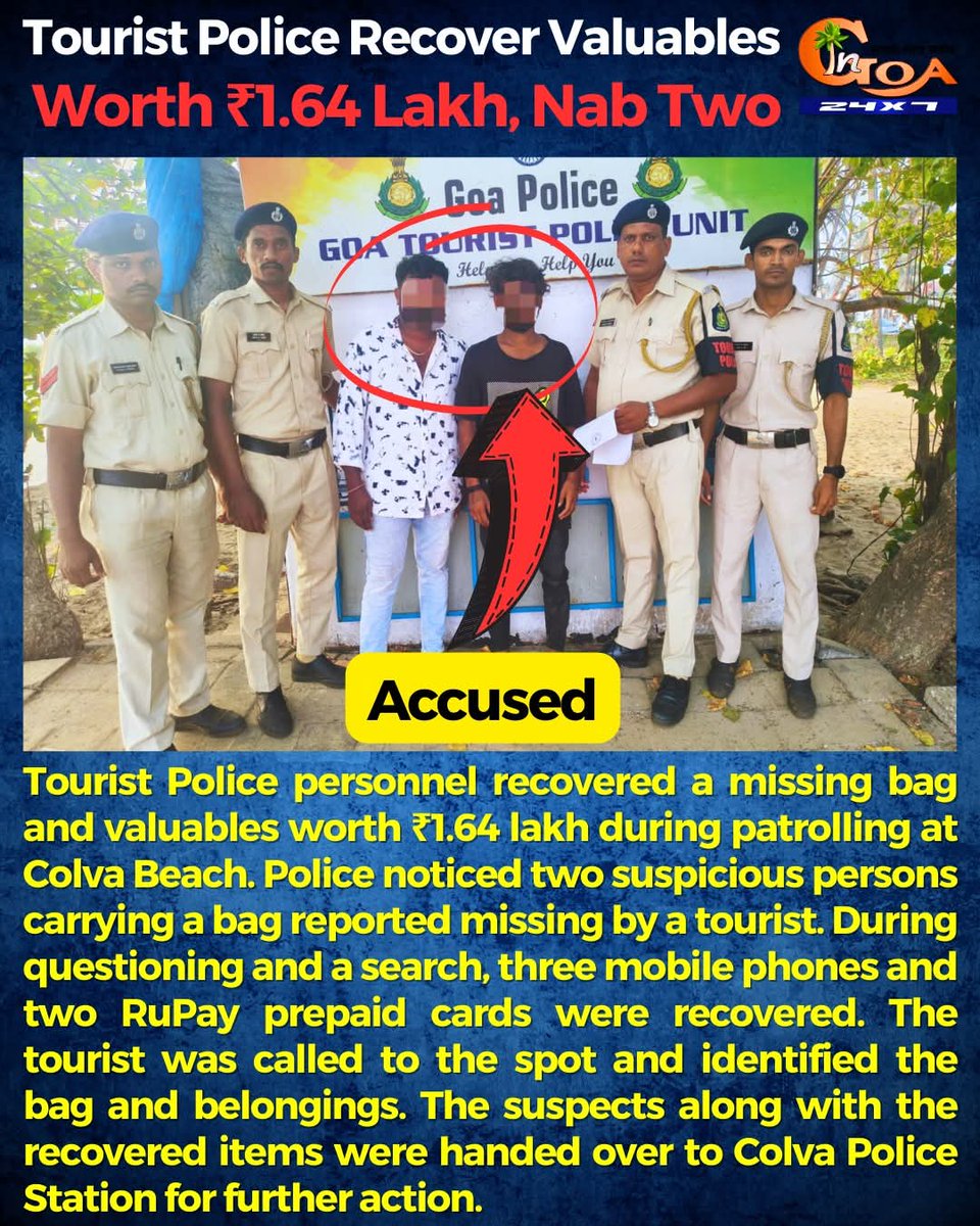 Tourist Police personnel recovered a missing bag and valuables worth ₹1.64 lakh during patrolling at Colva Beach.<a href="/Goa_Police/">Goa Police</a> <a href="/DGP_Goa/">DGP Goa</a> <a href="/goacm/">CMO Goa</a> <a href="/spnorthgoa/">SP North | Goa Police</a> <a href="/TourismGoa/">Goa Tourism</a>