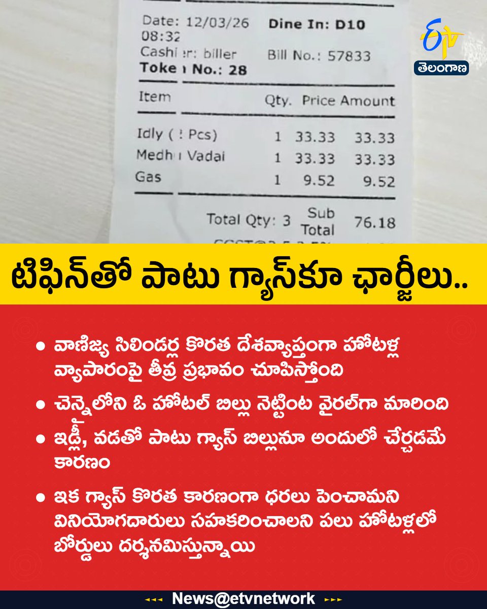 etvtelangana's tweet photo. #CommercialGasCrisis
#ChennaiViralBill
#IranIsraelWar
#GasCharge
#Etvtgbreaking https://t.co/lWNfxJNzUb