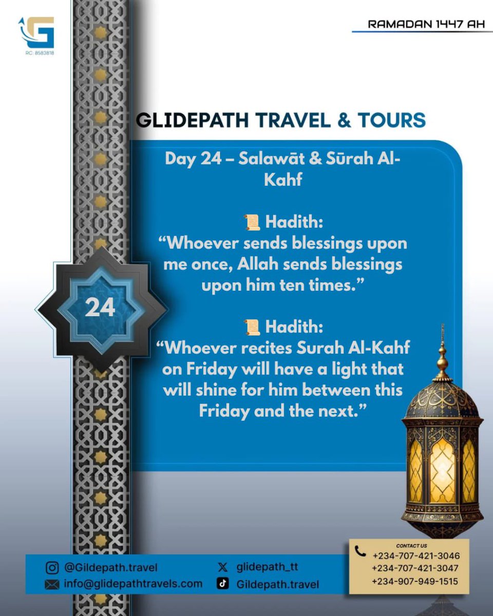 glidepath_tt's tweet photo. Day 24 – Salawāt &amp; Sūrah Al-Kahf

📜 Hadith:
“Whoever sends blessings upon me once, Allah sends blessings upon him ten times.”

📜 Hadith:
“Whoever recites Surah Al-Kahf on Friday will have a light that will shine for him between this Friday and the next.”

#RamadanDay24 #jumuah https://t.co/GTfaLoxh3M