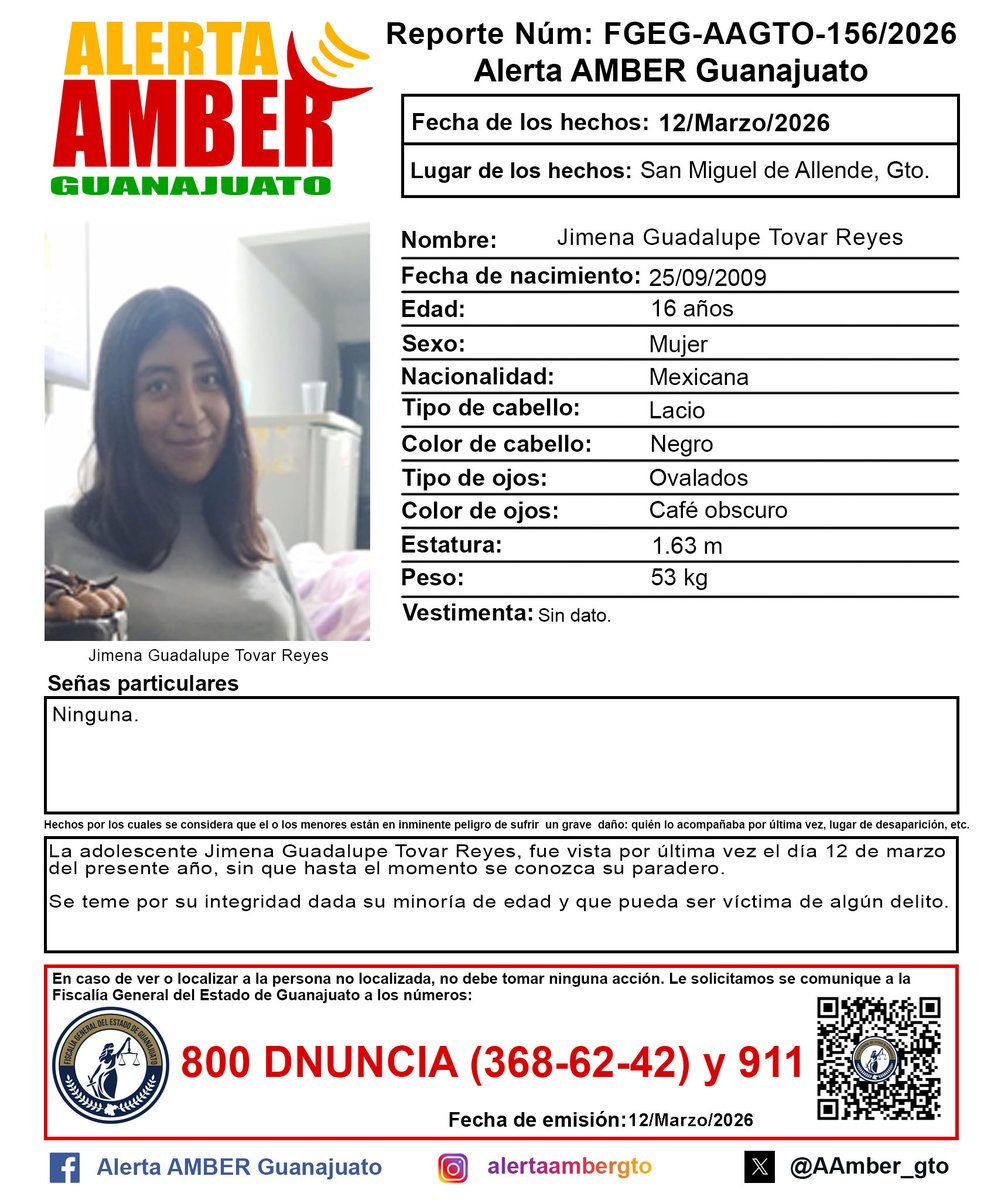 Activación de la Alerta AMBER Guanajuato de la adolescente Jimena Guadalupe Tovar Reyes de 16 años, San Miguel de Allende, Gto. ¡Ayúdanos a localizarla!