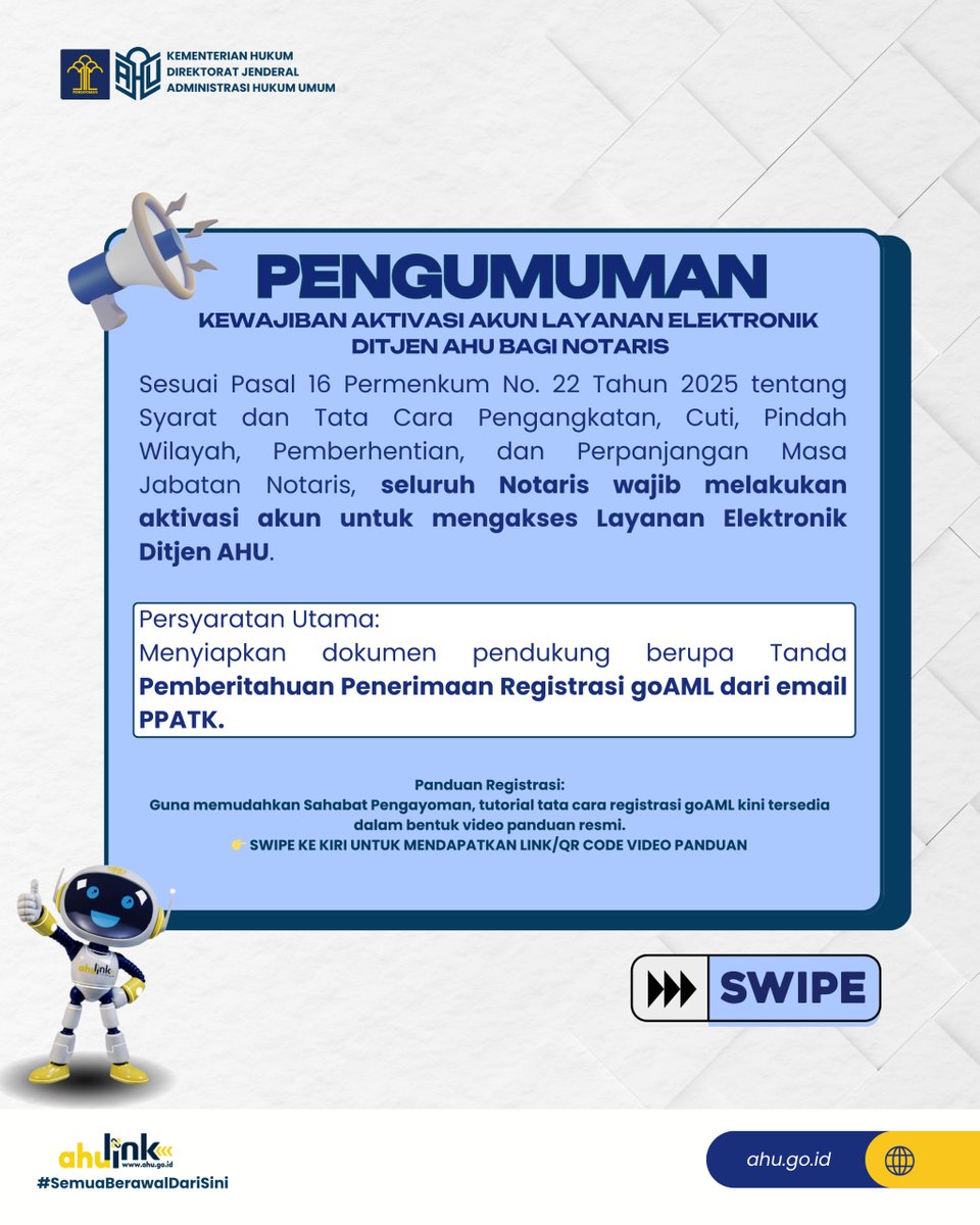 djahu_kemenkum's tweet photo. Halo #SahabatPengayoman, Kini telah tersedia Video Panduan Registrasi goAML untuk memudahkan Sahabat Pengayoman memenuhi syarat aktivasi akun Layanan Elektronik Ditjen AHU sesuai Pasal 16 Permenhum No. 22 Tahun 2025.
#KementerianHukum
#SemuaBerawalDariSini
#AhuLink
#NyamanBersama https://t.co/AGfh8E3dTM