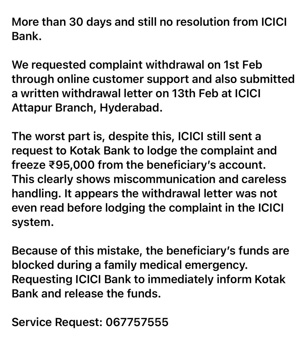 MrJohnTATA's tweet photo. @ICICIBank_Care @ICICIBank @ICICIBank_Care @RBIsays @RBI @jagograhakjago 

Dear Team, this is the 43rd day.

I kindly request you to please look into this matter on priority as it is related to LiveGood and a medical emergency🚨. Your immediate attention and support would be greatly appreciated. https://t.co/AkPigoZ8kP