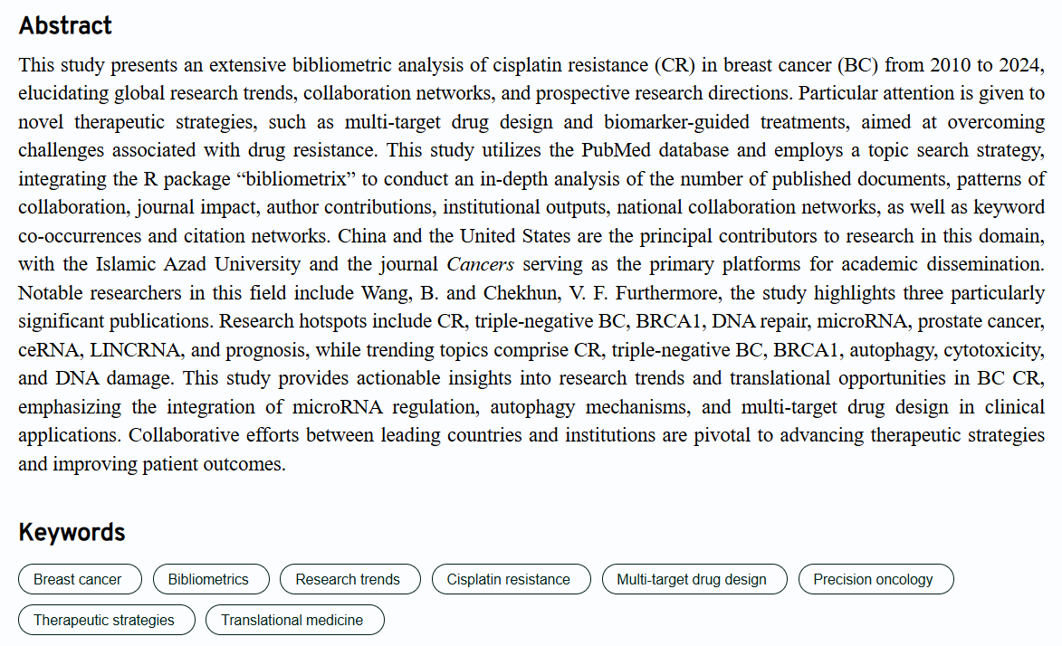 CP_ASP_'s tweet photo. 📚 Review Collection | No. 3
📜Quantitative bibliometric insights into cisplatin resistance in breast cancer (2010–2024): Implications for drug development
🔗https://t.co/1nlOVmjyvF
Keywords: Breast cancer; Bibliometrics; Research trends https://t.co/wQis6J31hv