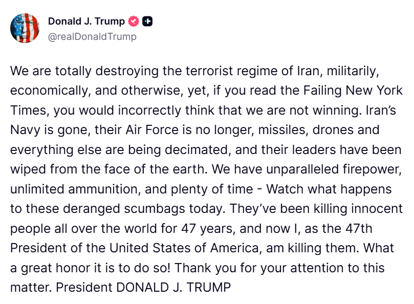 🔥TRUMP: "Watch what happens to these DERANGED SCUMBAGS today. They’ve been killing innocent people all over the world for 47 years, and now I, as the 47th President of the United States of America, am killing them. What a great honor it is to do so!"