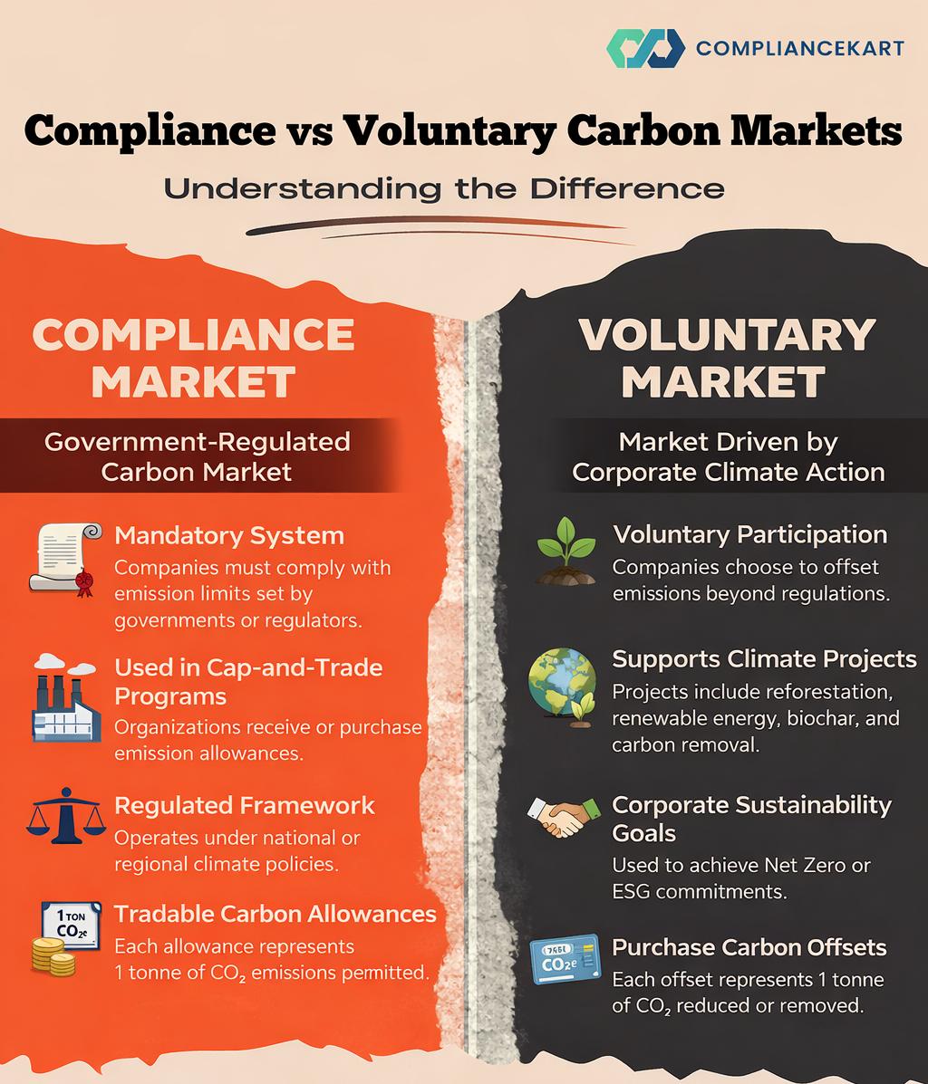 EnvrEarth's tweet photo. Compliance vs Voluntary Carbon Markets — what’s the difference?

One is regulated by governments, the other is driven by corporate climate commitments.
Together, they help scale global climate action.
Understanding both markets is key for companies planning their decarbonization strategy.

#CarbonMarket #ClimateFinance #CarbonCredits #ESG #NetZero