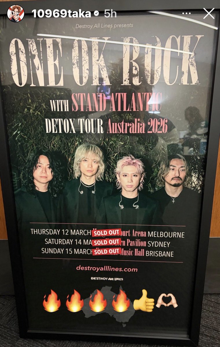 LuciMille's tweet image. All Australian venues are sold out!🎉🥳 From Taka’s instagram story. 
#ONEOKROCK #Detox #TAKA #OOR #ワンオク #japanese #rockband