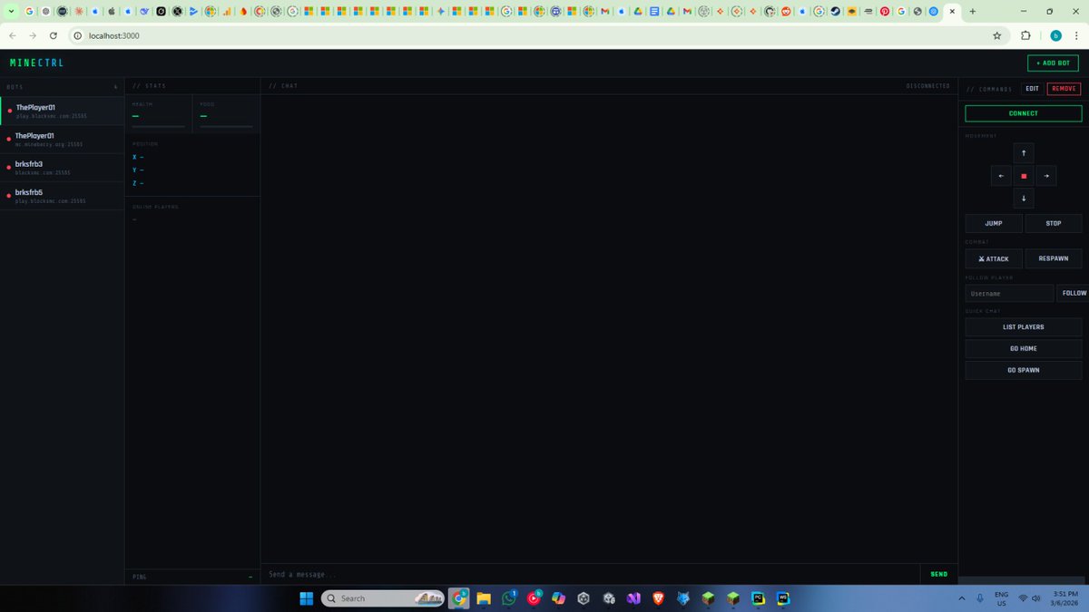 brksfrb's tweet photo. 🤖 Built a web panel for my Mineflayer bots.

Create bots. Connect to any server. With/without proxy. Any Minecraft version.

All from a clean UI.

#Mineflayer #NodeJS #Minecraft https://t.co/EyKe0Vdbaz