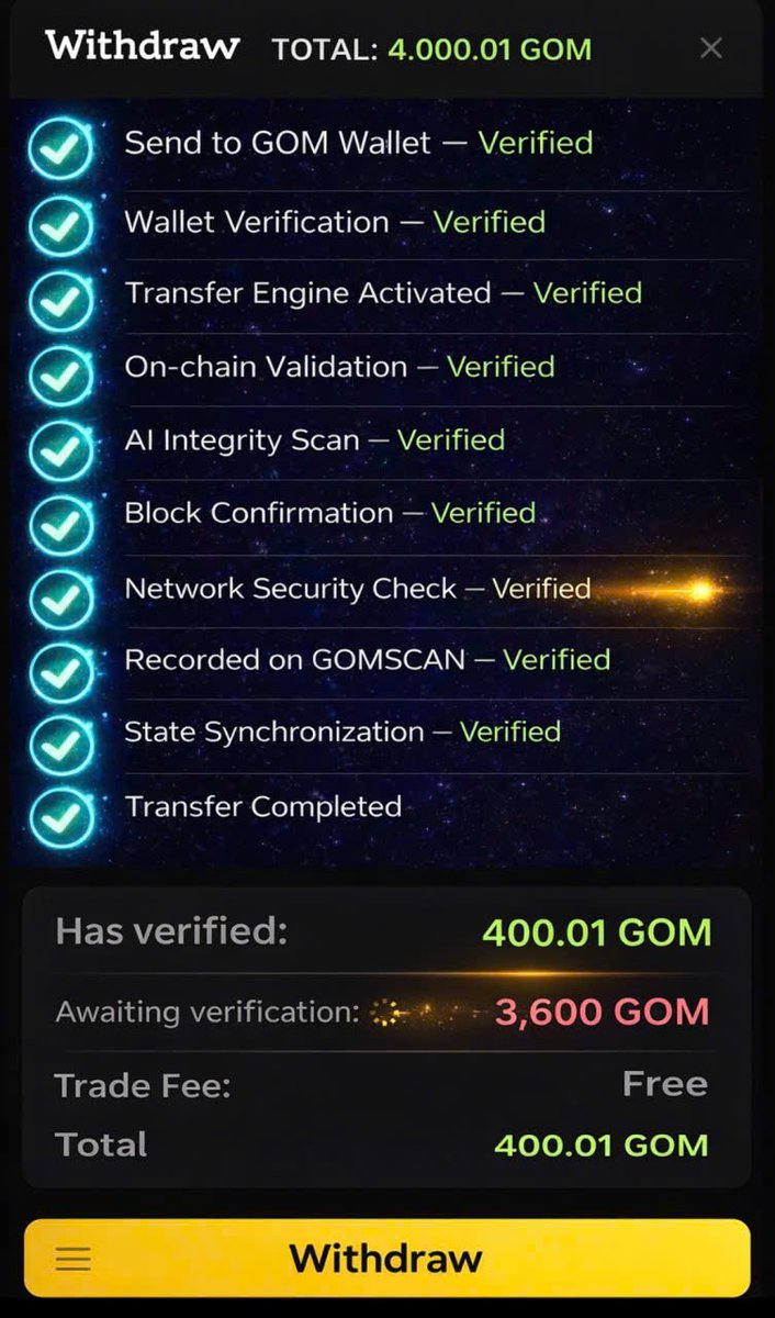GombayEX's tweet photo. 🚨 GOM WITHDRAWAL SYSTEM – FINAL PHASE

The GOM withdrawal system is now entering its final verification stage before activation.

Every transaction passes through multiple security and validation layers to ensure full on-chain integrity:

✓ Send to Wallet
✓ Wallet Verification
✓ Transfer Engine Activated
✓ On-chain Validation
✓ AI Integrity Scan
✓ Block Confirmation
✓ Network Security Check
✓ Recorded on GOMSCAN
✓ State Synchronization
✓ Transfer Completed
This multi-layer architecture ensures secure, transparent, and verifiable transactions across the network.

⏳ The GOM withdrawal feature will be activated soon.
Prepare to move your GOM on the GomChain network.

#GOM #GomChain #Web3 #Blockchain #Crypto 🚀