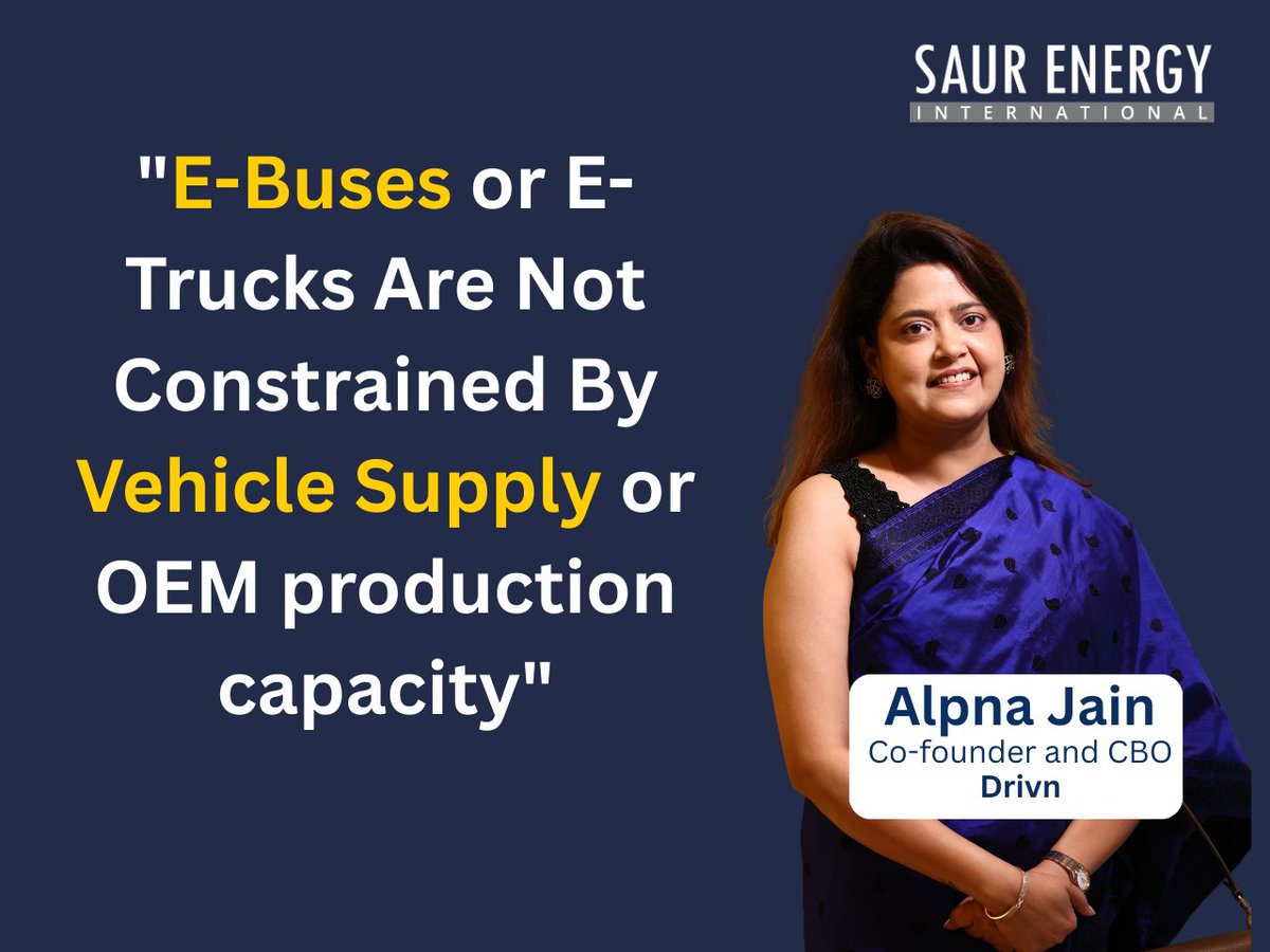 Saur_energy's tweet image. "E-buses and e-trucks are not limited by #vehicle supply or #OEM production capacity", according to Alpna Jain, Co-founder and CBO of #Drivn.

Read Full Interview at saurenergy.com/solar-energy-c…

#EnergySector