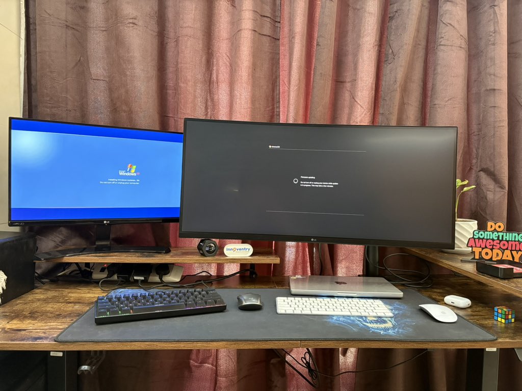 arpitchugh's tweet photo. NEED HELP

How should I align things, 
req. two systems need to run at the same time and window machine can’t use the bigger monitor and mac just looks bad on smaller screen https://t.co/0lVpXMzFRk