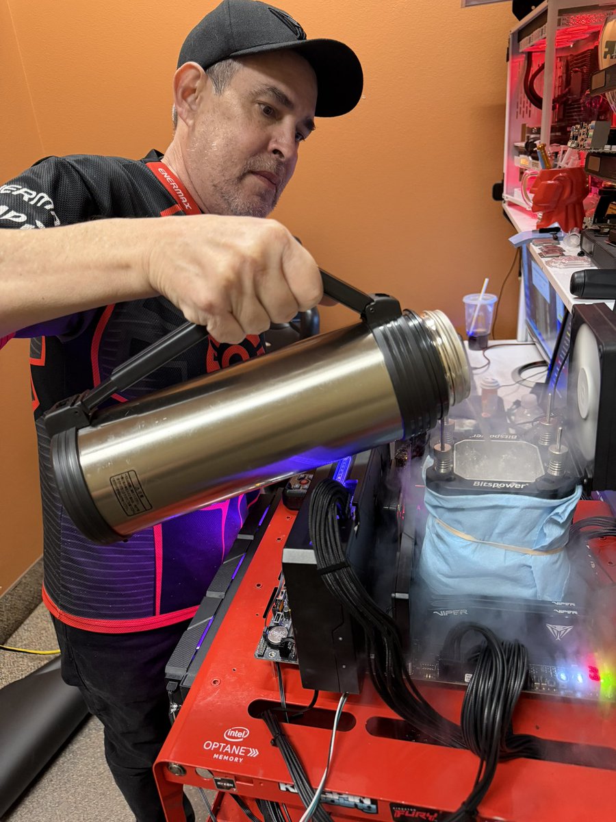 XSForsaken7's tweet photo. XtremeSystems day 4 LN2 benching with Charles Wirth  and Max Spicer. Now onto AMD. 
ASUS Republic of Gamers  X870E Crosshair Apex
Bitspower CPU Pot
AMD  Ryzen 5 9600X
AMD. Ryzen 9 9950X3D
Splavepc Splave one Paste  
Patriot Viper Ultra 5’s
ASUS ROG Astral LC RTX 5090 zebra, 2400w shunt. 
Seasonic Prime PX1600 PSU

@Seasonic @ASUS_ROGNA @BitspowerHQ @SplavePC @patriot_viper 

#amd #overclocking #pcmr