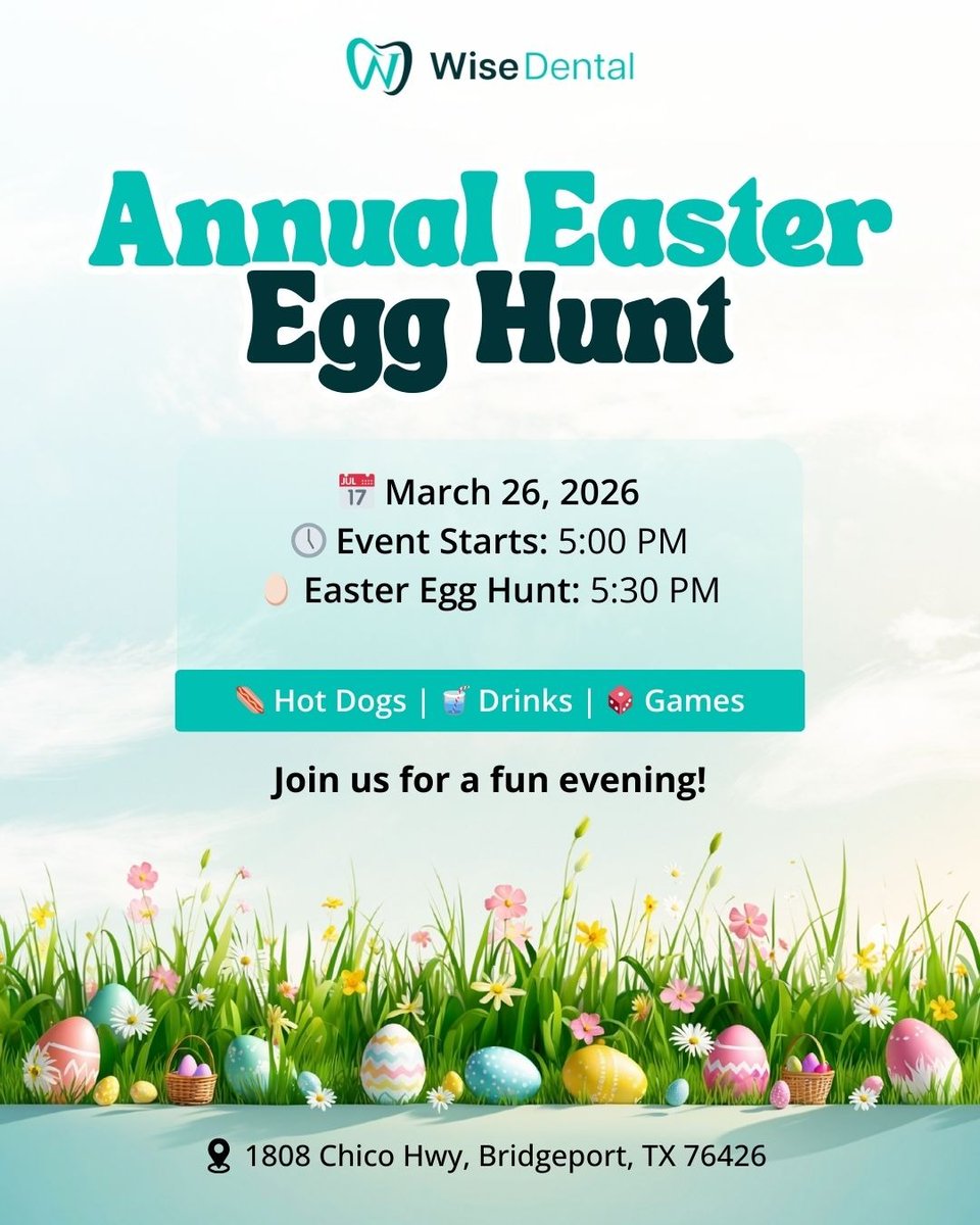 Wise Dental is bringing Easter to Bridgeport! 🌷🥚
Join us for games, food, drinks &amp; a fun Easter egg hunt with the community.

📅 Mar 26 | 5 PM
🥚 Egg Hunt: 5:30 PM
📍 1808 Chico Hwy, Bridgeport, TX

#Easter #EggHunt #WiseDental