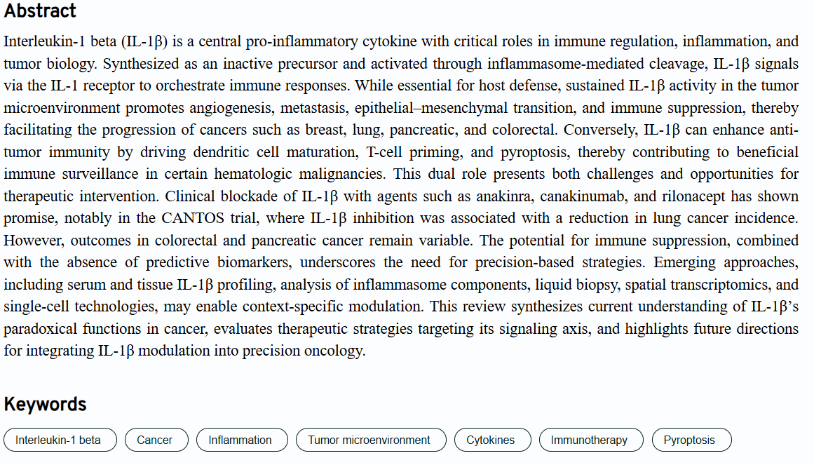 CP_ASP_'s tweet photo. 📚 Review Collection | No. 5
📜Interleukin-1 beta signaling in cancer: A double-edged sword in inflammation and tumorigenesis
🔗https://t.co/esPbjPkmTp
Keywords: Interleukin-1 beta; Cancer; Inflammation; Tumor microenvironment; Cytokines; Immunotherapy; Pyroptosis https://t.co/TbjMNruqP7
