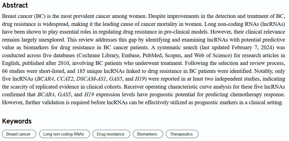 CP_ASP_'s tweet photo. 📚 Review Collection | No. 7
📜Long non-coding RNAs and drug resistance in breast cancer patients: A scoping review
🔗https://t.co/6kNy3vCgPT
Keywords: Breast cancer; Long non-coding RNAs; Drug resistance; Biomarkers; Therapeutics https://t.co/KEDcY1hDba