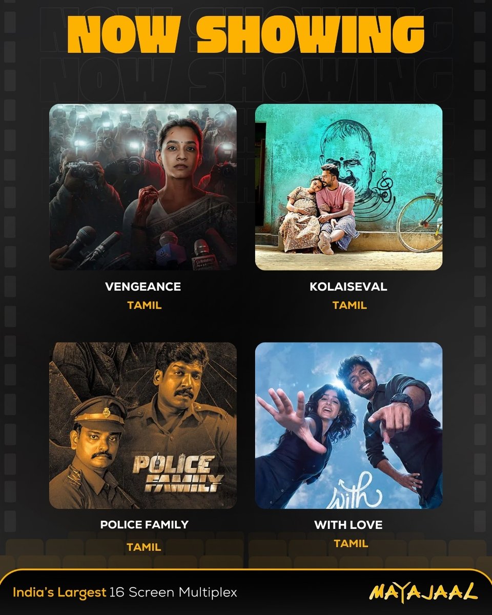 MayajaalECR's tweet photo. 12 reasons to stay at #Mayajaal this weekend ๐๐ฟ
๐๏ธ https://t.co/wpWyIQvtuw
#ThaaiKizhavi #Hoppers #KenathaKanom, #Vengeance #Kolaiseval #PoliceFamily #WithLove #Divyaa #Anthony #AaranyaKaandam #KadhalResetRepeat #Vowel https://t.co/IDHzwtUQWa