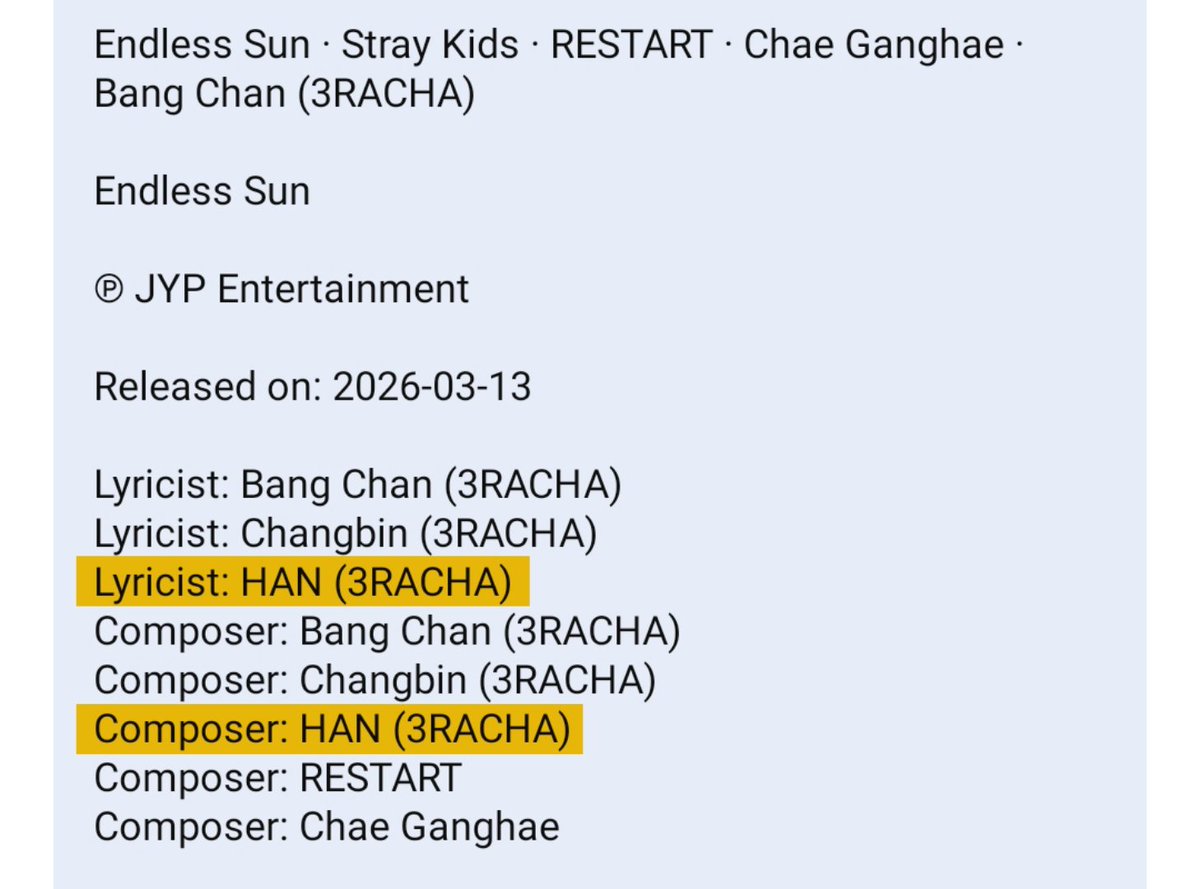 HANglobal_'s tweet photo. HAN is credited as writer and composer of the new Stray Kids song collaboration with BioreUV titled “Endless Sun”

#한 #ハン @Stray_Kids https://t.co/oU3dt1tCCw
