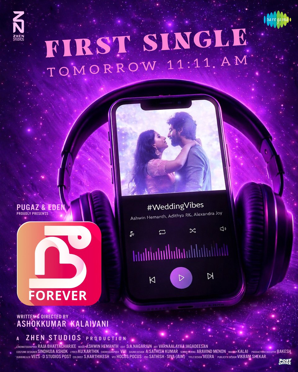 saregamasouth's tweet image. The First Single #WeddingVibes From #NeeForever Will Be Out Tomorrow ...!🎉

🎶@ashwinhemanth22 
🎙️@AdithyarkM #AlexandraJoy
✍️ @kukarthik1

@zhenstudiosoffl @pugazoffl @edenoffl @mynameis_Ash97 @Actor_Sudharsan  @Actor_Prathu @SnehaSakthi_ @RajaBhatta123 @teamaimpr @Dstudiospost