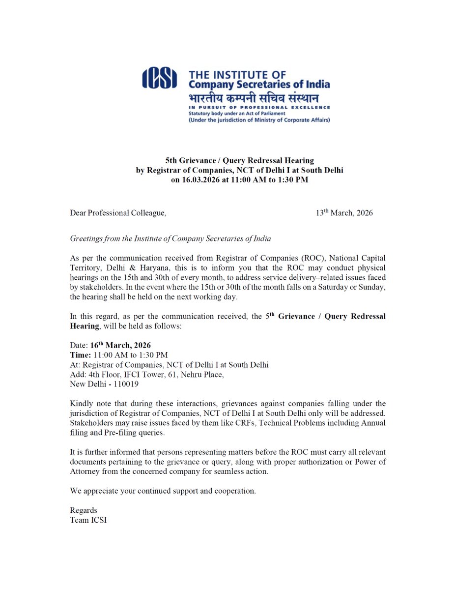 icsi_cs's tweet image. 5th #Grievance / #Query #Redressal Hearing by Registrar of #Companies, NCT of Delhi in South Delhi at 11:00 AM on 16.03.2026