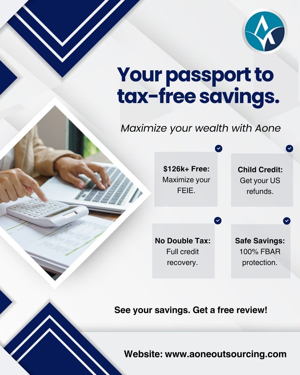 Aoneoutsource's tweet photo. Stop overpaying taxes. 💼
U.S. expats could save $126K+ legally with smarter tax planning.
Get your free review at Aone Outsourcing Solutions.
🌐 https://t.co/8IZVtbaxXo
#TaxSavings #USTaxes #ExpatTaxes #TaxPlanning #FinancialFreedom 🚀 https://t.co/rggqnGE1VL