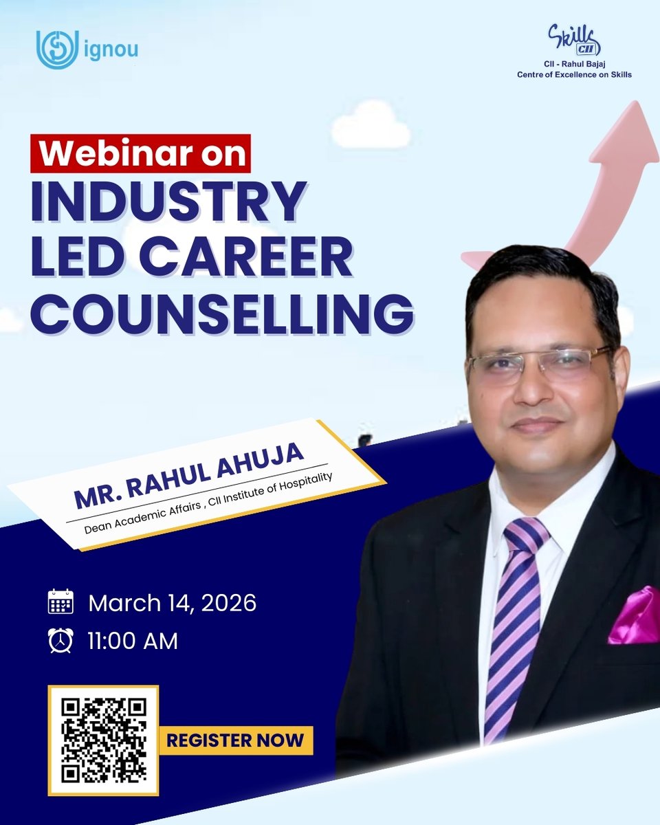 CII, with <a href="/OfficialIGNOU/">IGNOU</a>, is hosting a series of Industry-Led Career Counselling Sessions, connecting students with industry experts.  

Explore workforce trends, in-demand skills &amp; pathways to successful careers.

14 March 2026 |  11 AM | Virtual
Scan QR to register.
#CIISkills