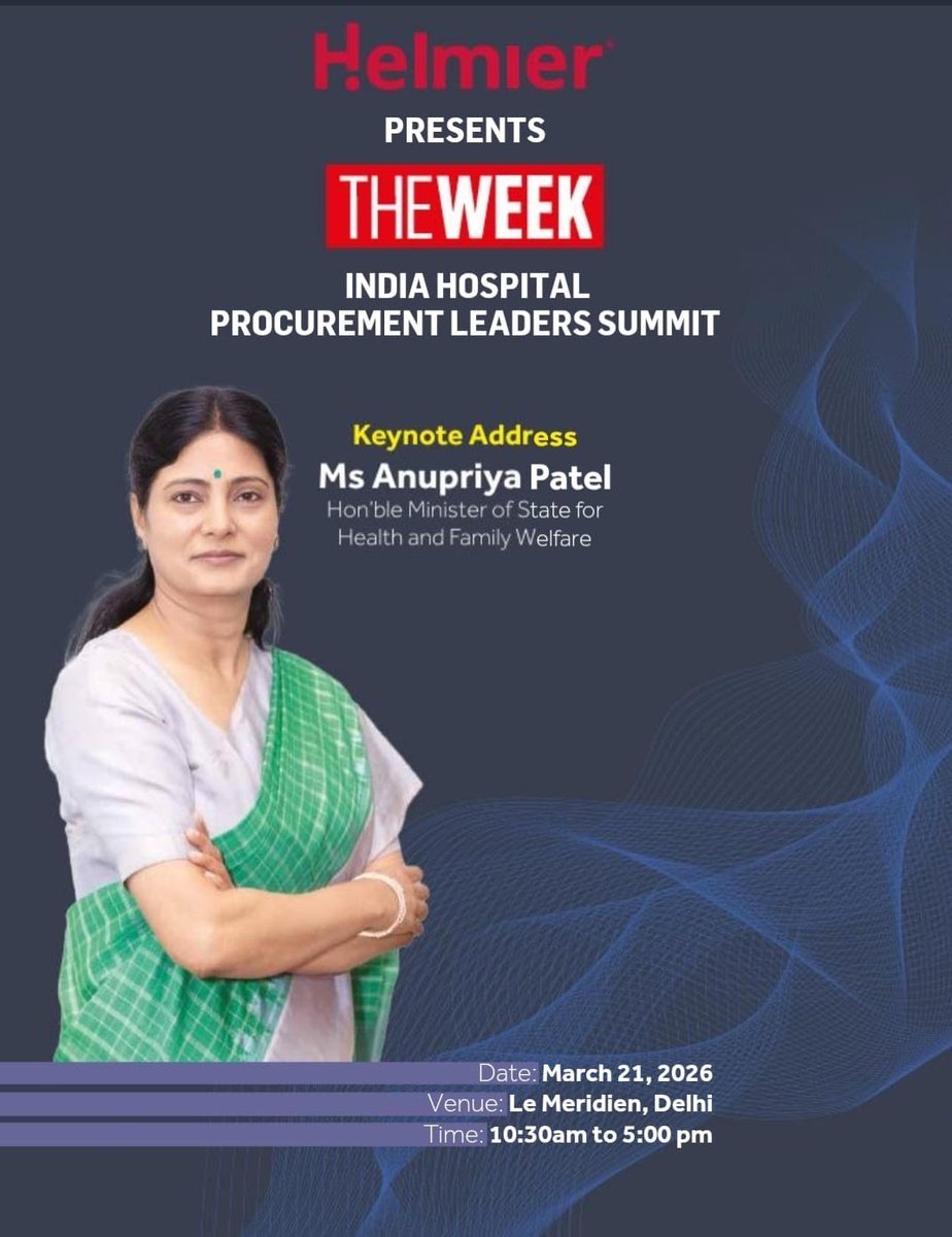 Honoured to  welcome Ms <a href="/AnupriyaSPatel/">Anupriya Patel</a> , Hon’ble Minister of State for Health and  Family Welfare, who will deliver the Keynote Address at THE WEEK India  Hospital Procurement Leaders Summit.

Join industry leaders and policymakers for an insightful discussion on strengthening