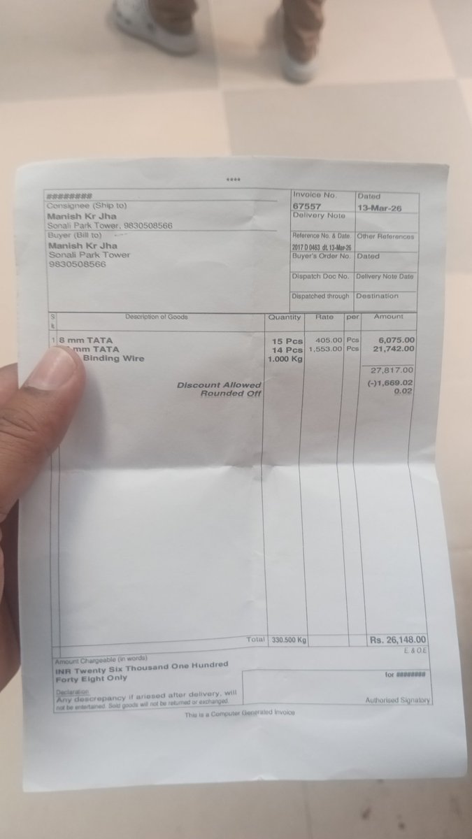 Manish142609's tweet image. Concerned about the quality of Tata Steel rods purchased from Jai Hind Trading, Sonali Park, Kolkata. Latest batch seems inferior, missing QR code label and different rib pattern. Requesting Tata Steel to inspect and verify authenticity. #TataSteel #QualityIssue