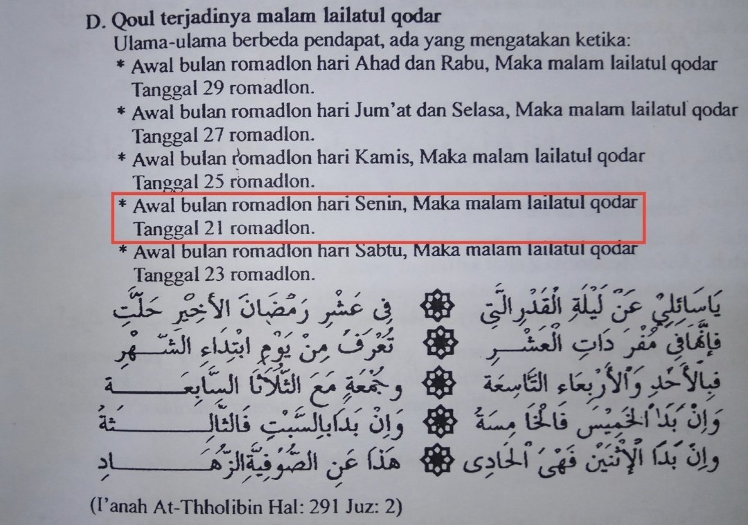 SaidAgils22's tweet photo. @afrkml Belum tentu juga Ners.
Namun menurut kitab I'anat Tolibin. Syarah Fath Mu'in.

Jika awal Ramadan hari Kamis, maka malam Lailatul Qadr Tgl 25 Ramadan/Sabtu malam Minggu besok.
Bagaimana dg MD yg mengawali puasa hari Rabu? yaa tinggal geser. 😹
Wallahu 'Alam. https://t.co/uzAYRVN7Pb
