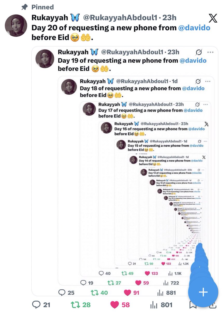 Day 21 of requesting a new phone from <a href="/davido/">Davido</a> before Eid 🥹🤲.