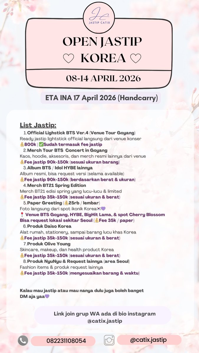 jastipcatix's tweet photo. 💜OPEN JASTIP💜

📌Seoul Korea🇰🇷
🗓️08-14 April 2026
📍ETA INA 17 April 2026. Pengiriman dari Gresik Kota 

Yuk cuss yg mau jastip atau mau request apapun bisa bgt ya langsung DM aja💜
Join grup jastip👉🏻 https://t.co/iQDaScf8Tj

Happy shopping🛍️💜

#jastip #jastipkorea #bts #army https://t.co/jSeIam2vRT