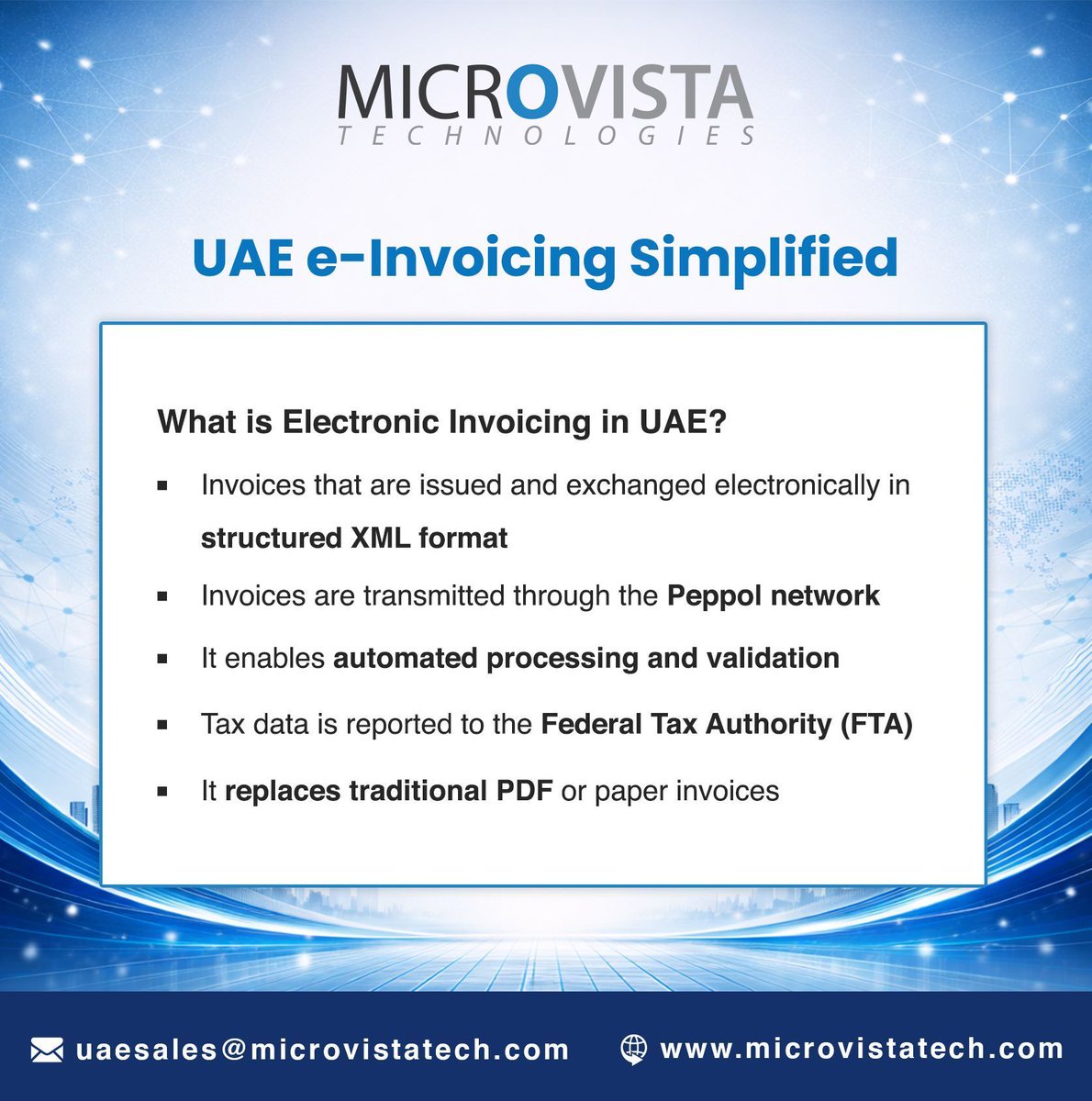 Microvista_Tech's tweet photo. UAE e-Invoicing Simplified
 
Electronic invoicing is transforming how businesses exchange invoices in the UAE. With structured XML invoices, Peppol network exchange, and automated validation, organizations can ensure faster processing and better compliance with the Federal Tax. https://t.co/TMLeymyP5T