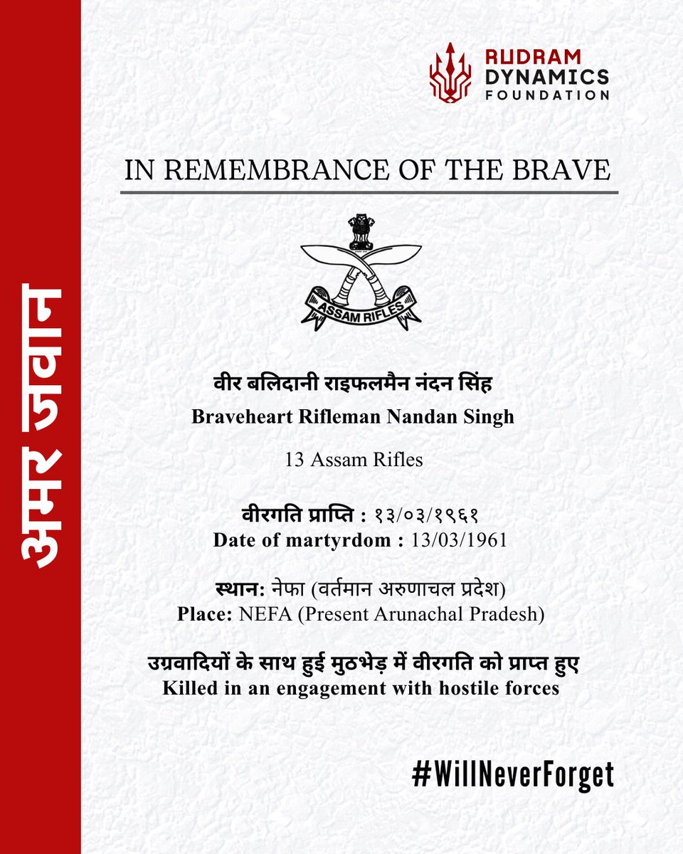 RudramDynamics's tweet image. #willneverforget
#SaluteToMartyrs #HonourTheFallen #RememberingOurHeroes
#amarjawan
#assamrifles
#ForeverInOurHearts #AssamRiflesMartyrs #HeroesNeverDie
#BachhuSingh
#DarwanSingh
#PadamBahadurSunwar
#NandanSingh
#sentinelsofthenortheast
#Nationfirst
#bharat
#rudramdynamics