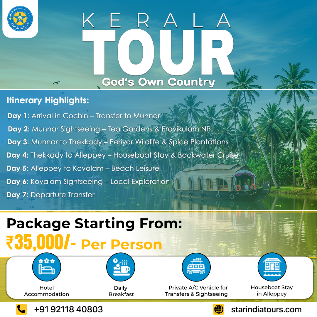 starindiatours's tweet photo. Tag your travel partner, save this post, and start planning your next adventure! ✈️
.
.
#StarIndiaTours #KeralaTourPackage #GodsOwnCountry #MunnarHills #ThekkadyWildlife #AlleppeyHouseboat #KovalamBeach #TravelIndia #BackwaterCruise #ExploreKerala #IndiaTravel #NatureLovers https://t.co/ORexC1yuQe