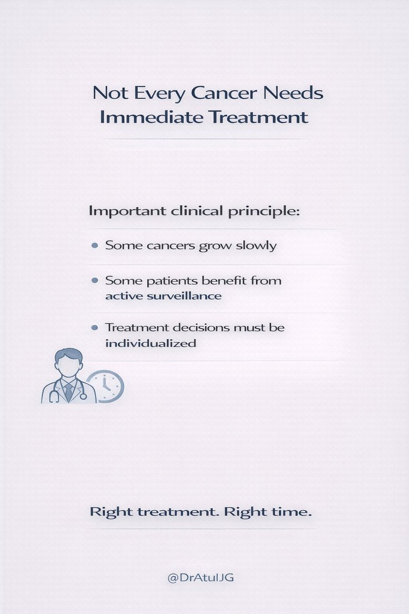 DrAtulJG's tweet photo. One of the most important questions in oncology is not:

“What drug should we give?”

It is:

“Does this patient actually need treatment right now?”

Some cancers require immediate therapy.
Others need active surveillance.

Overtreatment can harm as much as undertreatment.

Good oncology is about choosing wisely, not just treating aggressively.

#Oncology #CancerCare #EvidenceBasedMedicine