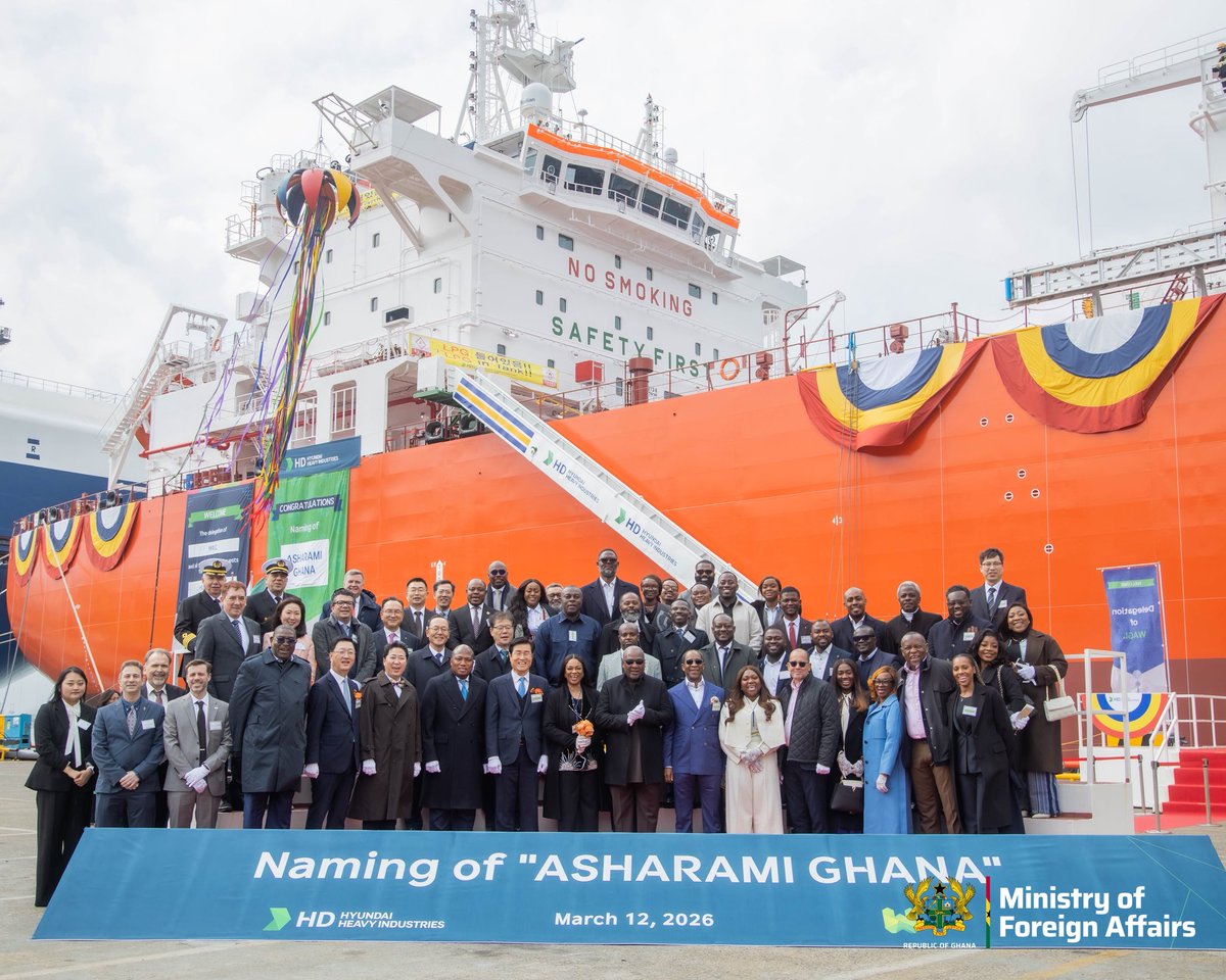 S_OkudzetoAblak's tweet photo. The beauty of Ghana, Nigeria, Korea South-South partnership 🇬🇭 🇳🇬 🇰🇷 

Newly manufactured “Asharami Ghana” sets sail from Korea to Ghana to deliver LPG to our people as we work towards energy security and create thousands of jobs in Ghana. 

Congratulations to the visionary President Mahama and Sahara Energy.