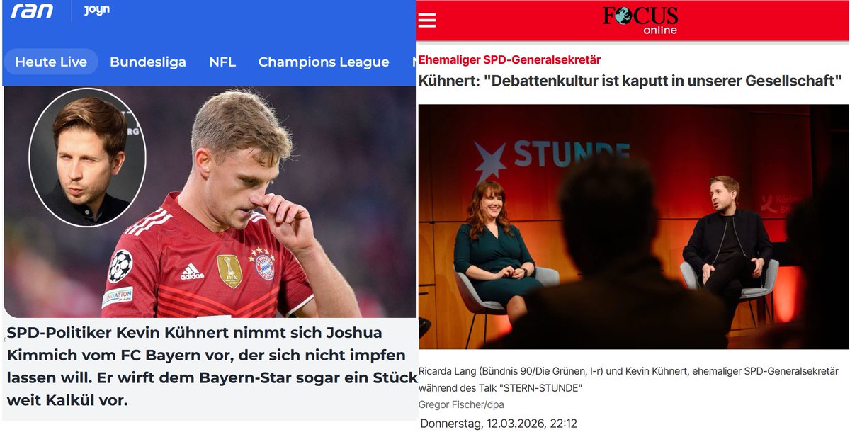 Einst organisierte Kevin Kühnert (SPD) die schamlose Hetzjagd auf den ungeimpften Joshua Kimmich und forderte Impfzwang für alle ab 50. Jetzt vergießt er Krokodilstränen über unsere „Debattenkultur”.

Hintergrund: Medien lieben Versager und Dampfplauderer. Da sitzen mit Kühnert