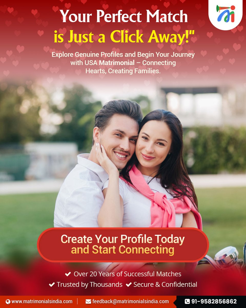 OnlineMATRIMONY's tweet image. Are you ready to embark on a life-changing journey?

At USA Matrimonial, we connect hearts and create families. With over 20 years of successful matches.

Visit us matrimonialsindia.com

#Matrimony #FindYourMatch #USA #MatrimonialServices #CreateFamilies #MatrimonialsIndia