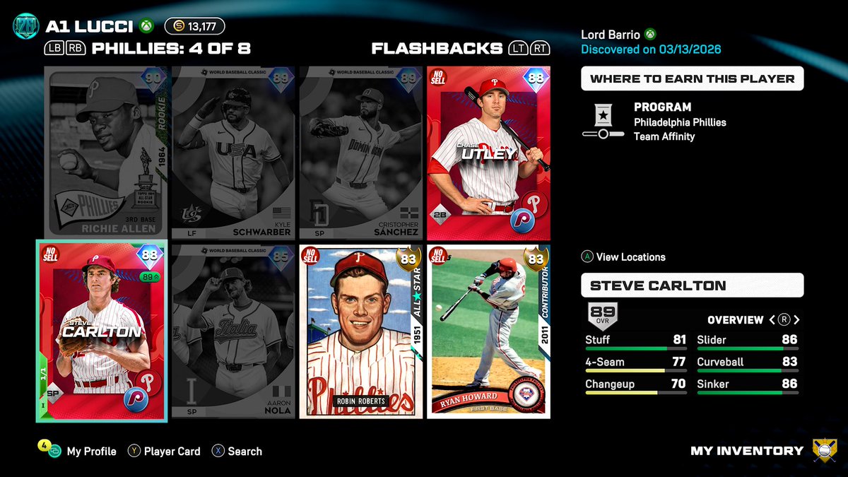 AlexBarr29's tweet photo. First to discover Phillies team affinity Steve Carlton and Chase Utley 💯 @MLBTheShow https://t.co/Hf4CheAMyN