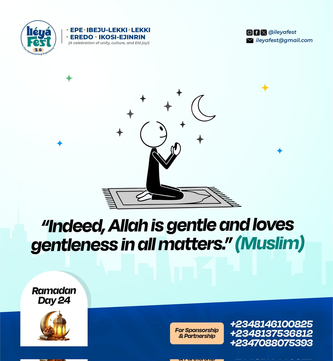 Ramadan Day 24 🌙

In a world that celebrates being loud, harsh, and “tough”…

Allah loves gentleness.

The real strength today is softer words, calmer reactions, and kinder hearts.

Can you choose gentleness today?

#RamadanDay24 #Epe #IleyaFest