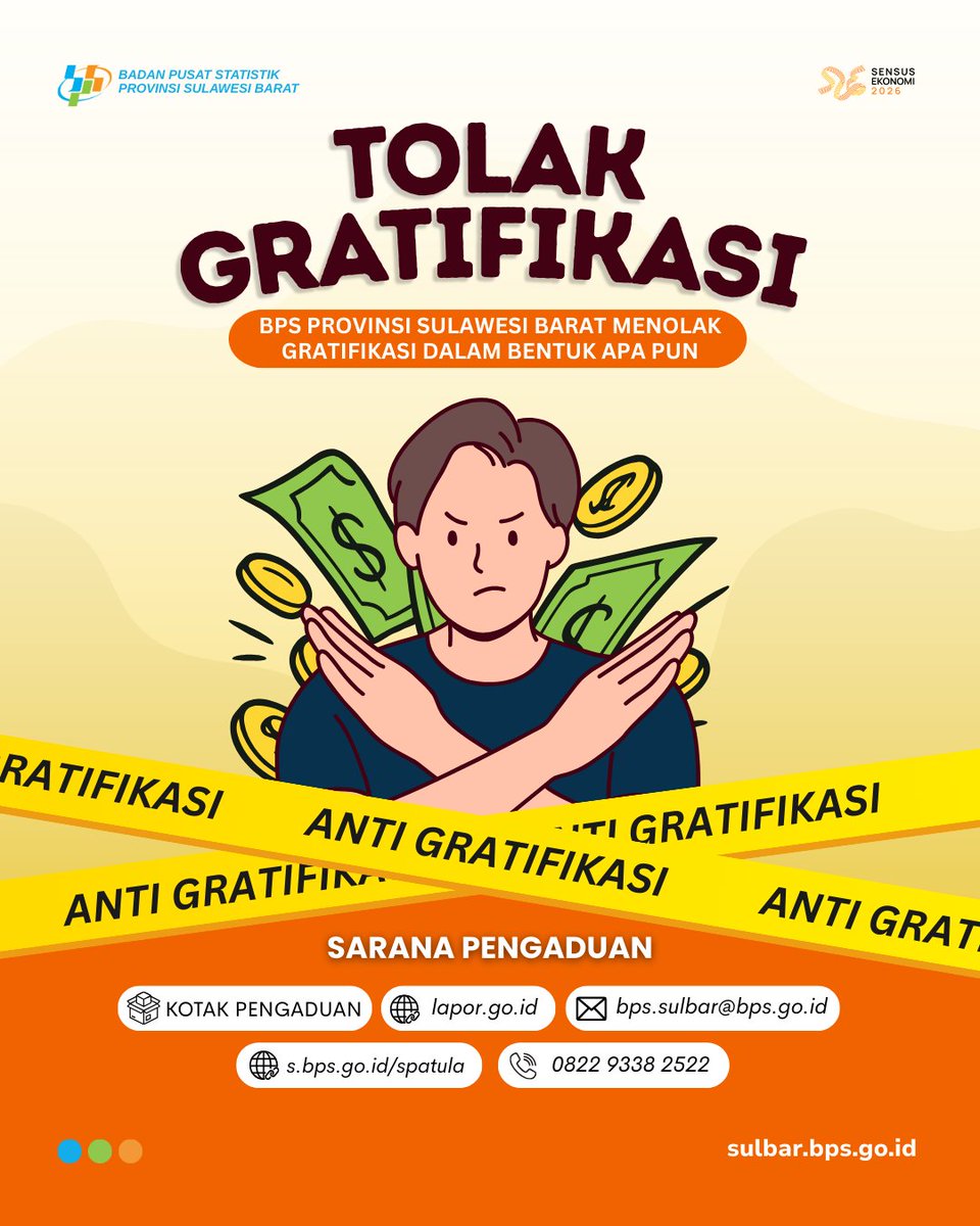 🚫 TOLAK GRATIFIKASI!
Badan Pusat Statistik Provinsi Sulawesi Barat berkomitmen memberikan pelayanan yang bersih dan bebas dari gratifikasi.
Laporkan jika ada indikasi pelanggaran melalui kanal pengaduan yang tersedia.
Bersama kita jaga integritas! 💪