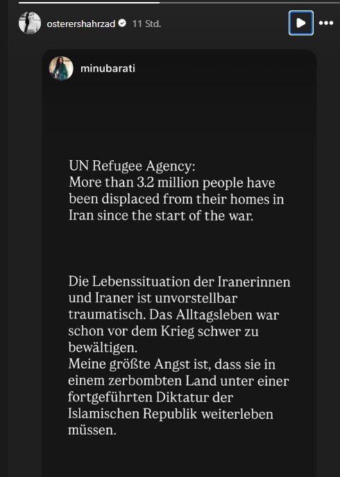 Farlouni's tweet photo. Sharzad Osterer und Minu Barati (Joschka Fischers Ex‑Frau und Tochter des einzigen Überlebenden des Mykonos-Attentats) agieren vereint, wenn es darum geht, subtil gegen die Befreiungsintervention zu agitieren.

Wie hier, wo versucht wird, Angst vor einer Flüchtlingswelle zu schüren.

Zum einen sind 3,2 Millionen Iraner, die ihre Wohnungen verlassen haben, eine verhältnismäßig geringe Zahl. Es geht dabei um Menschen, die im Land an Orte gefahren, die sicher sind. 

Zum anderen stellt sie ein Szenario in den Raum, bei dem das Regime überleben und der Krieg die Situation der Menschen ganz furchtbar machen könnte. Auch diese Aussage zielt darauf ab, Angst vor Flüchtlingswellen zu erzeugen.

Unter dem Deckmantel der Sorge wird versucht, das Regime zu retten.