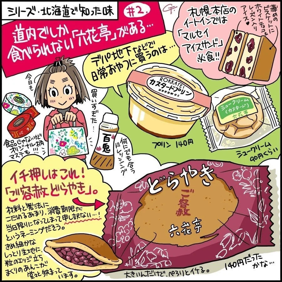 昔の絵をひっぱり出してきちゃうのですが、北海道に来たら買い食いしていただきたいものたちを共有させてください!!(価格は描いた当時のもの)
私の最推しは新千歳空港で買える「ほたほた揚げ」。直営店やデパートで買える六花亭の生菓子・和菓子もおすすめです。 