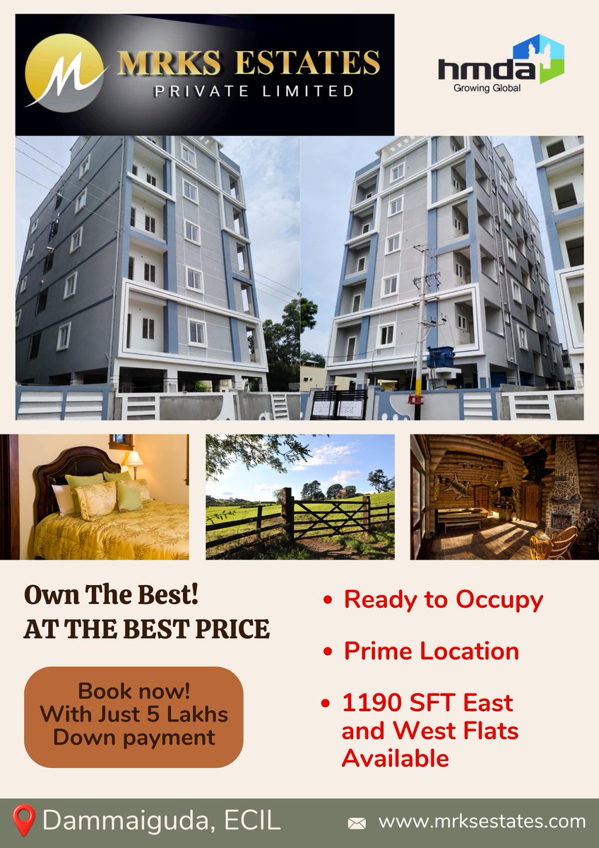 EstatesMrk15932's tweet image. Ready-to-occupy 2 BHK flats for sale in Dammaiguda near ECIL. Prime location with 1190 SFT East &amp;amp; West facing homes. Book your flat with just ₹5 Lakhs down payment.
📞 Call 9100974650 | 📧 info@mrksestates.com
#ReadyToMoveFlats #Dammaiguda #ECIL #HyderabadRealEstate #2BHKFlats.