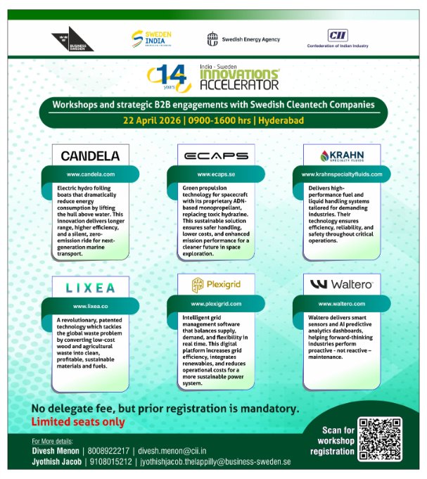 Follow_CIIGBC's tweet photo. We are excited to host the 27th India–Sweden Innovations Accelerator (ISIA) Delegation Workshop  in Hyderabad- jointly organized by the Swedish Energy Agency, Business Sweden.

Date: 22nd April 2026
Venue: Hyderabad

Registration link: https://t.co/me8VQrSXaw https://t.co/G6h2YsIwEq