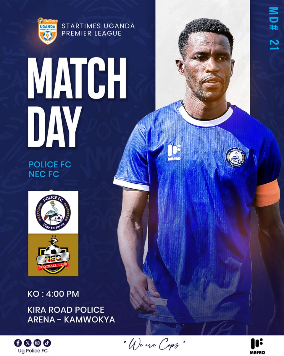 UgPoliceFC's tweet photo. #Matchday21 || 

Cops! We're Back at home today for another exciting league fixture against NEC FC at Kira Road Police Arena.

#WeAreCops || #PlayToServe https://t.co/9f3Ec8Fr4N