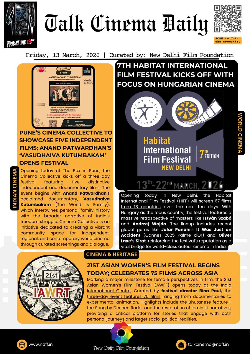 CinemaNDFF's tweet photo. From the documentaries of #AnandPatwardhan to global masters like #IstvรกnSzabรณ, #AndrzejWajda, todayโs TCD celebrates the festivals keeping sincere cinema alive. #TalkCinemaDaily #HIFF2026 #AWFF #CinemaCollective #SincereCinema #IndependentFilm #NDFF #AsianWomensFilmFestival Day5 https://t.co/SnHXp1cXRp